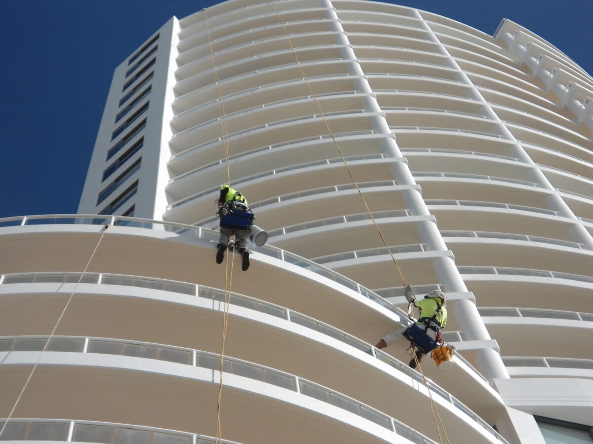 Amalgamated painters completing an exterior commercial repaint on the Sunshine Coast